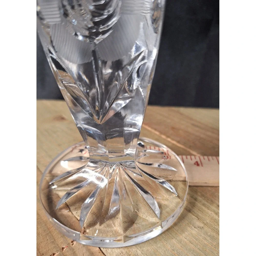 Vintage Etched Crystal Rose Candlestick Holder Faceted Glass Starburst Base 7.5